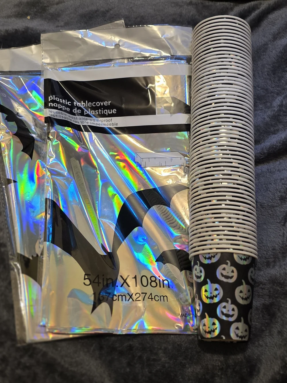 Halloween Party Set Iridescent Bat Pumpkin & Ghost Cups 2 Tablecloths